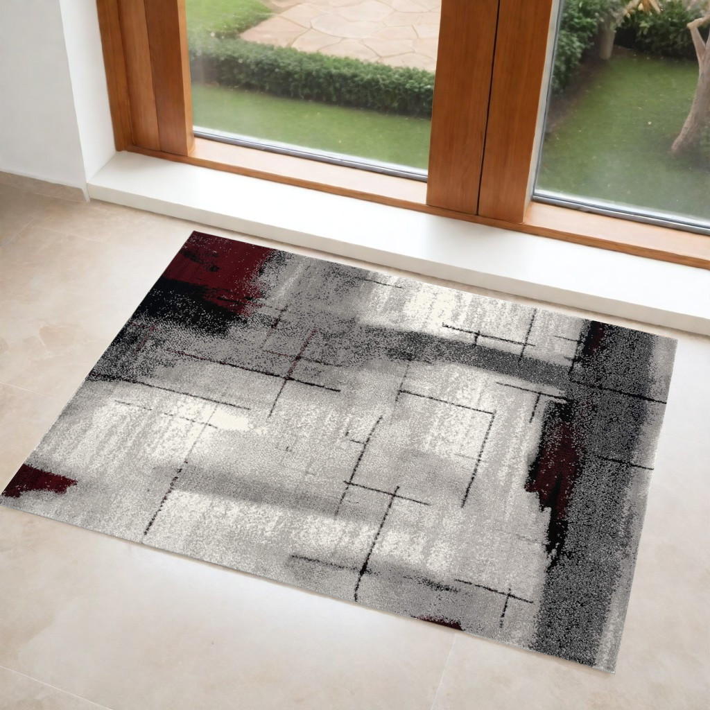 3' X 5' Gray And Burgundy Abstract Area Rug-393947-1