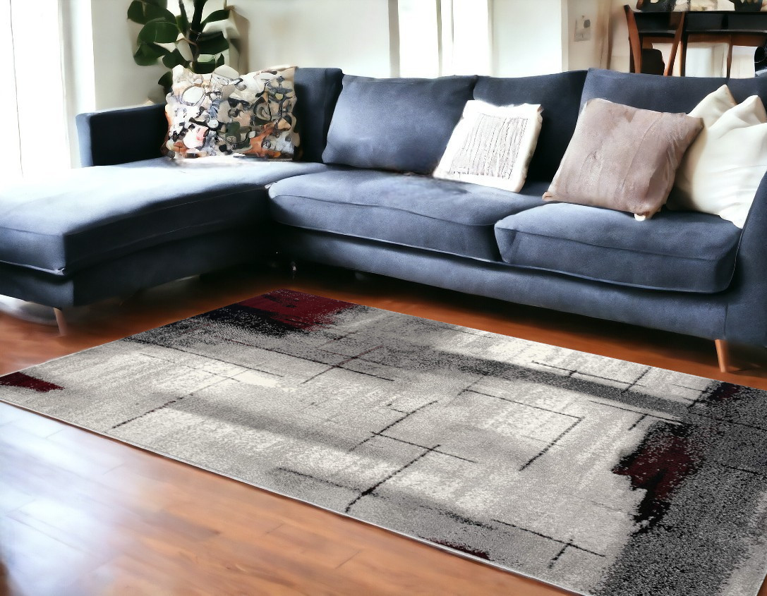 7' X 9' Gray And Burgundy Abstract Area Rug-393950-1