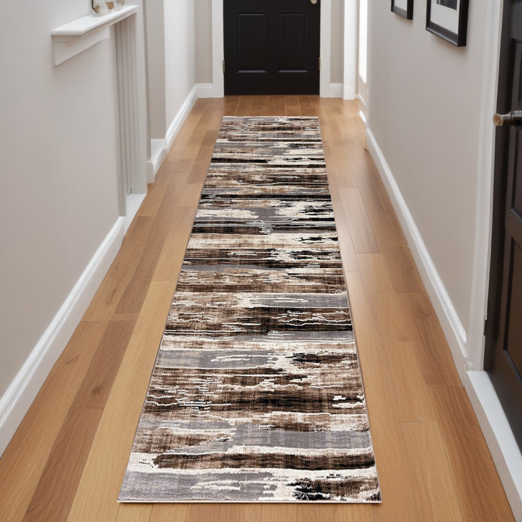 20' Beige And Ivory Abstract Distressed Runner Rug-393987-1