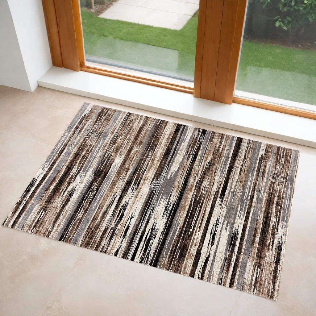 3" X 5" Beige Striped Power Loom Area Rug