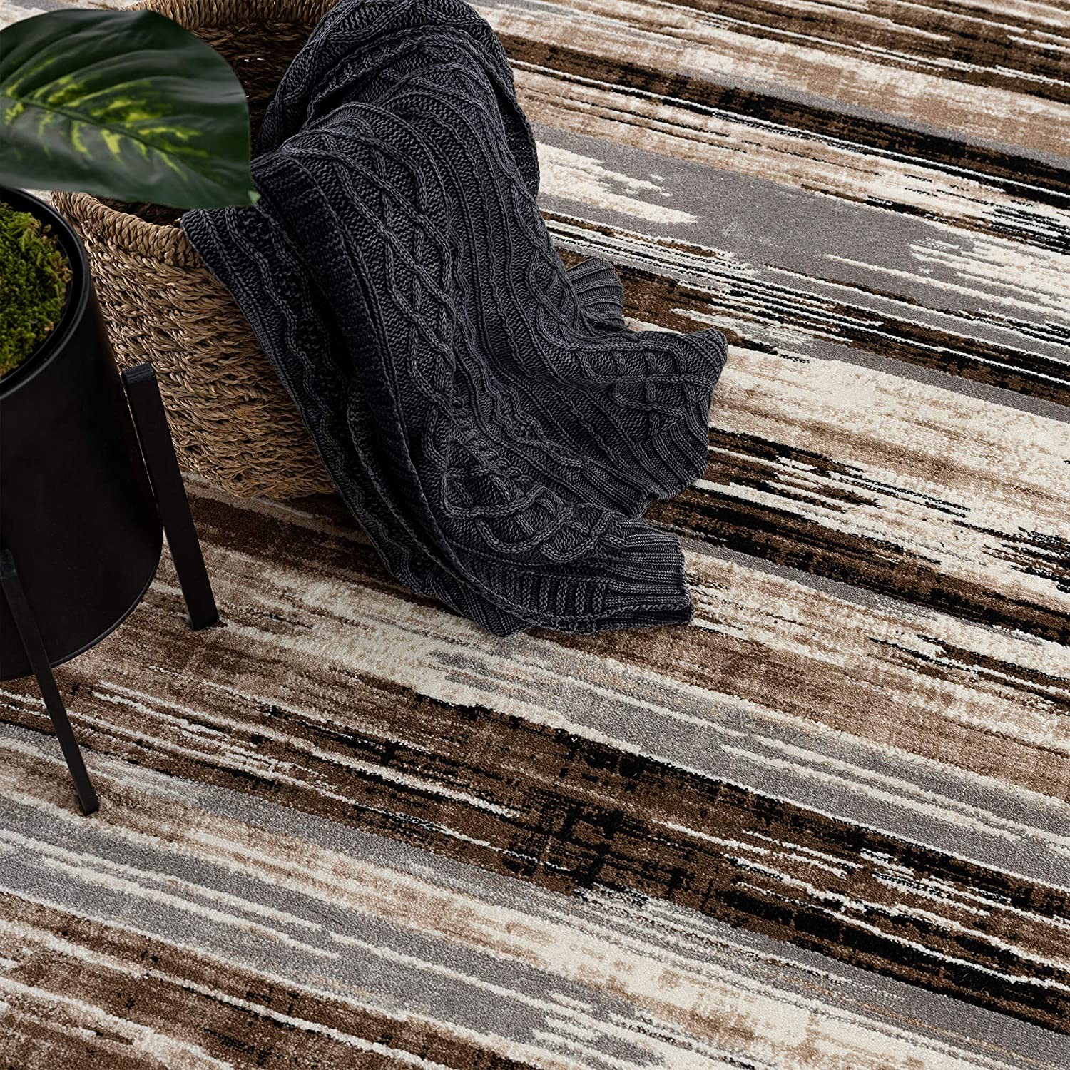 3" X 5" Beige Striped Power Loom Area Rug