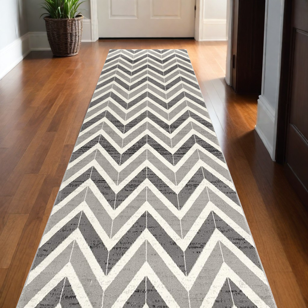 13' Runner Gray Chevron Dhurrie Runner Rug-394019-1