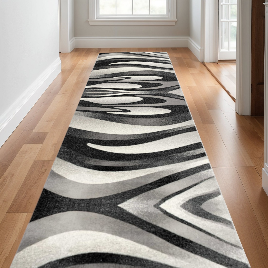 10' Black Gray and White Marble Power Loom Runner Rug-394038-1