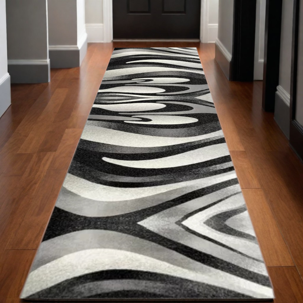 15' Gray Abstract Power Loom Runner Rug-394041-1