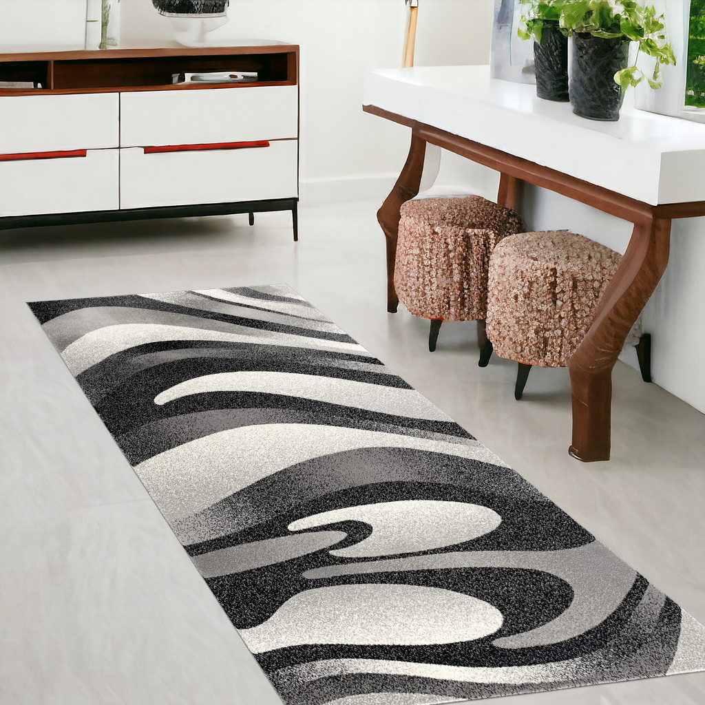 8' Grey Abstract Power Loom Runner Rug-394046-1