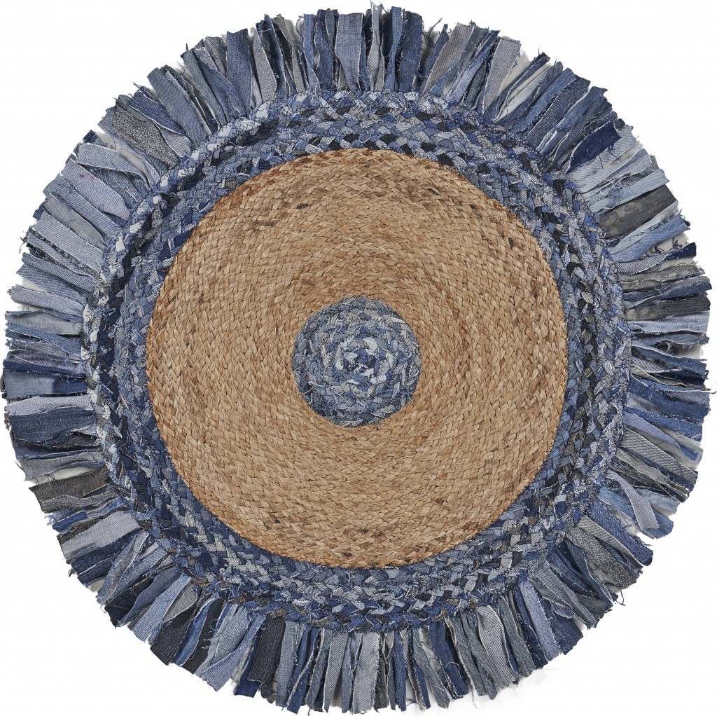 6' Blue And Beige Hand Woven Round Rug-394184-1