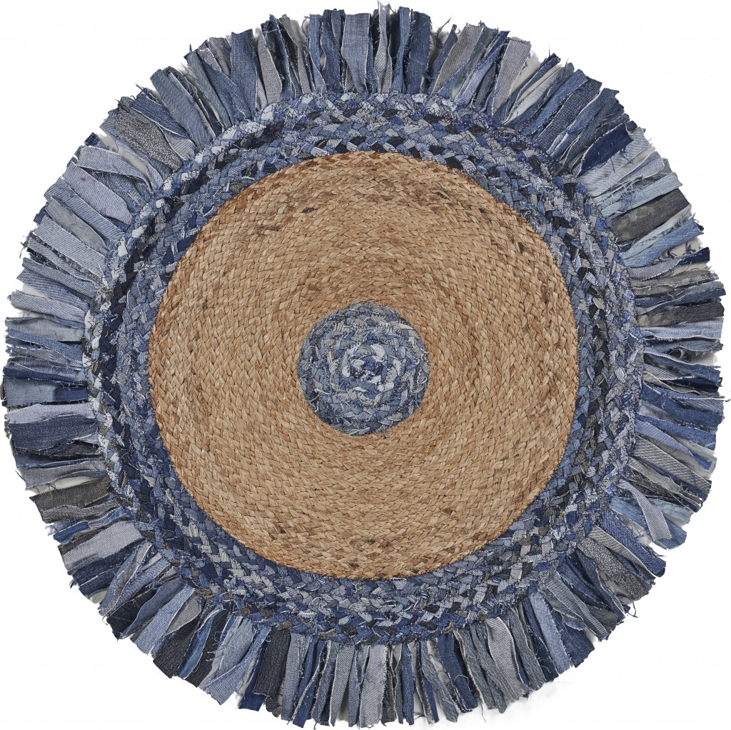 Denim And Natural Jute Fringed Round Rug-394184-1