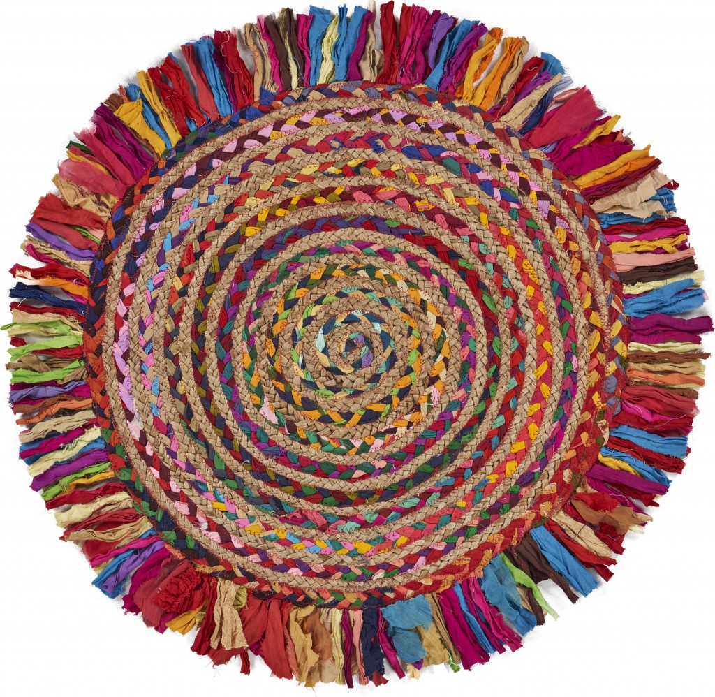 Multicolored Chindi And Natural Jute Fringed Round Rug-394186-1