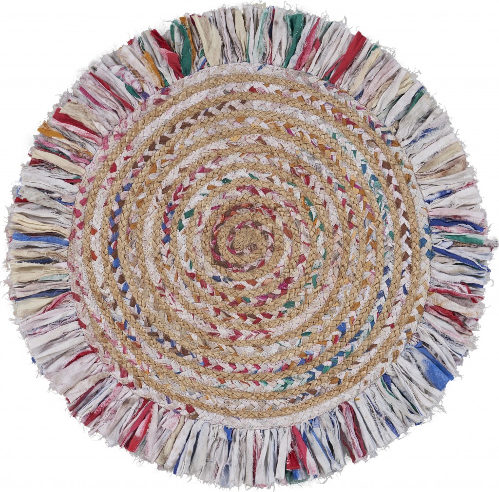 Bleached Multicolored Chindi And Natural Jute Fringed Round Rug-394187-1