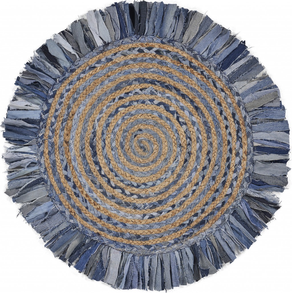 Denim And Natural Jute Round Swirl Fringed Rug-394189-1