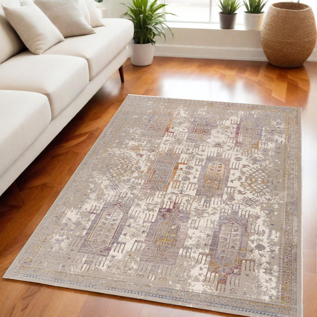 5' X 7' Beige and Ivory Medallion Non Skid Area Rug-394839-1