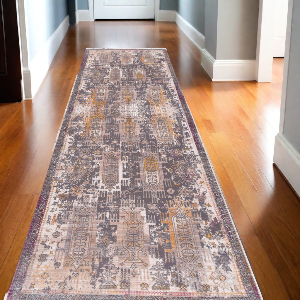 15" Runner Gray and Ivory Oriental Power Loom Runner Rug