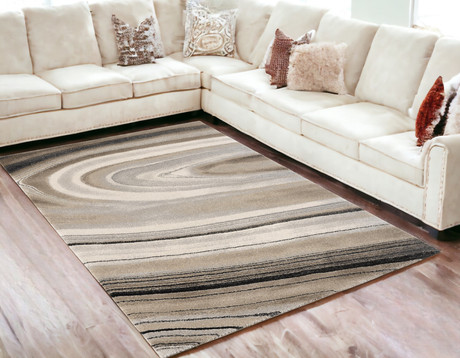 5’ x 8’ Cream and Tan Abstract Marble Area Rug-394982-1