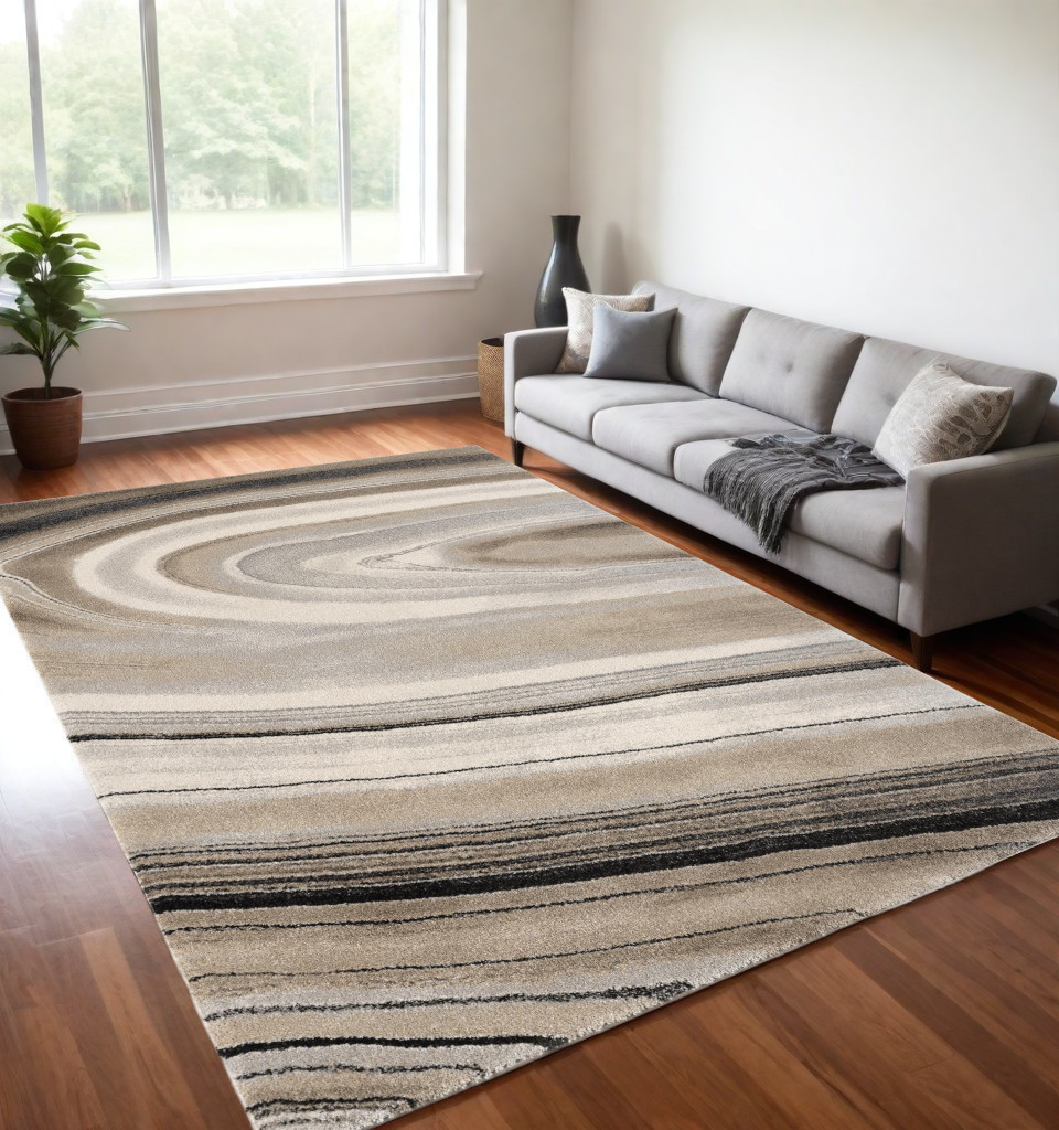 7’ x 10’ Cream and Tan Abstract Marble Area Rug-394983-1