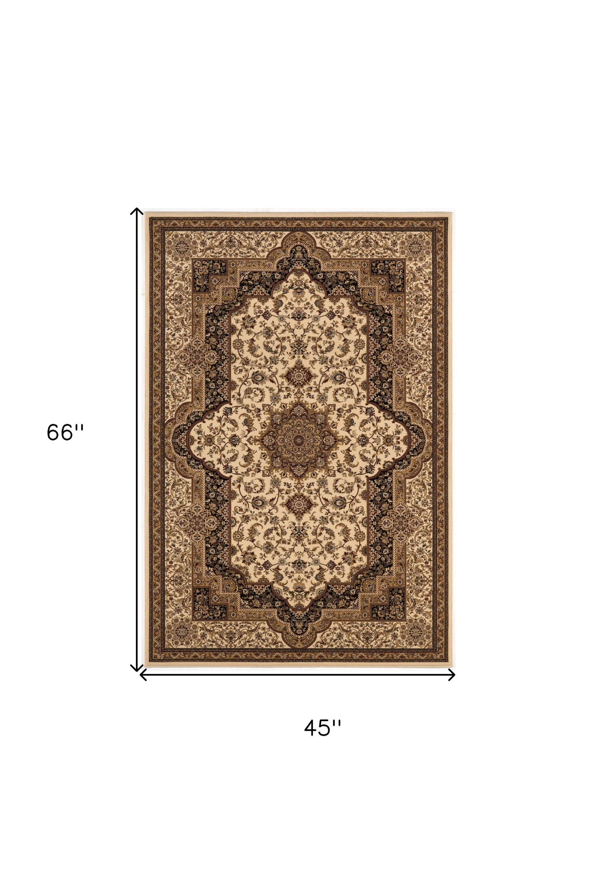 4" X 6" Black and Ivory Oriental Power Loom Area Rug