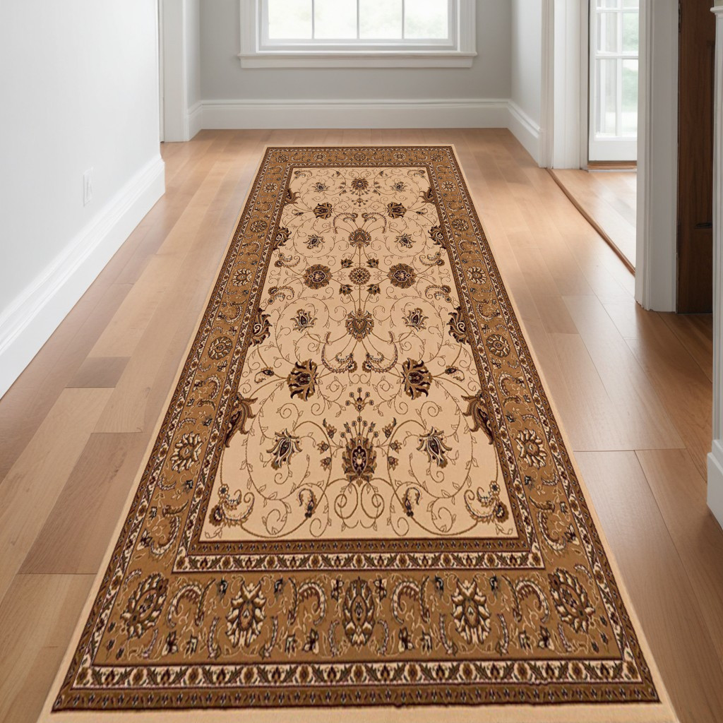 2’ x 13’ Cream and Tan Ornate Border Runner Rug-395218-1