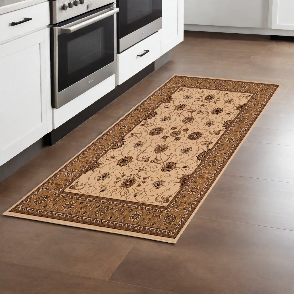 2’ x 8’ Cream and Tan Ornate Border Runner Rug-395224-1