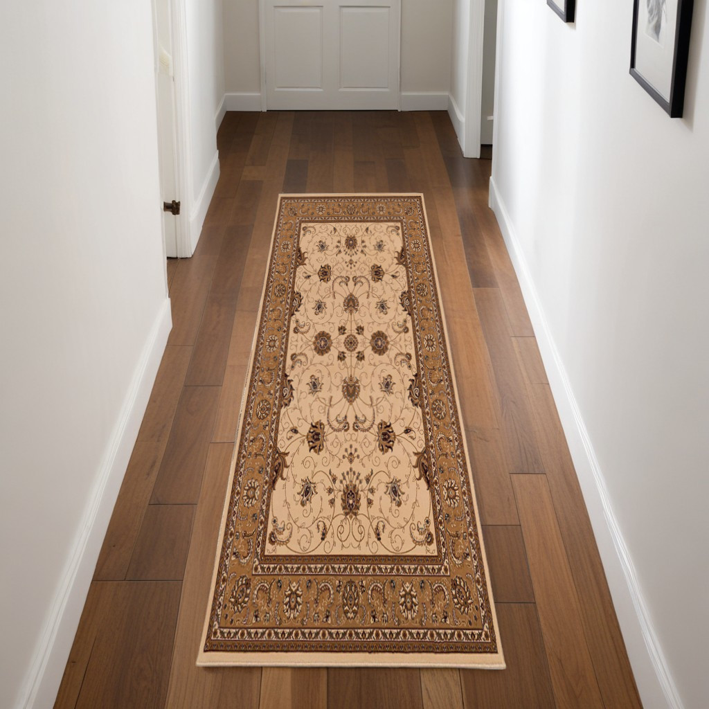 8" Runner Beige and Ivory Oriental Power Loom Runner Rug