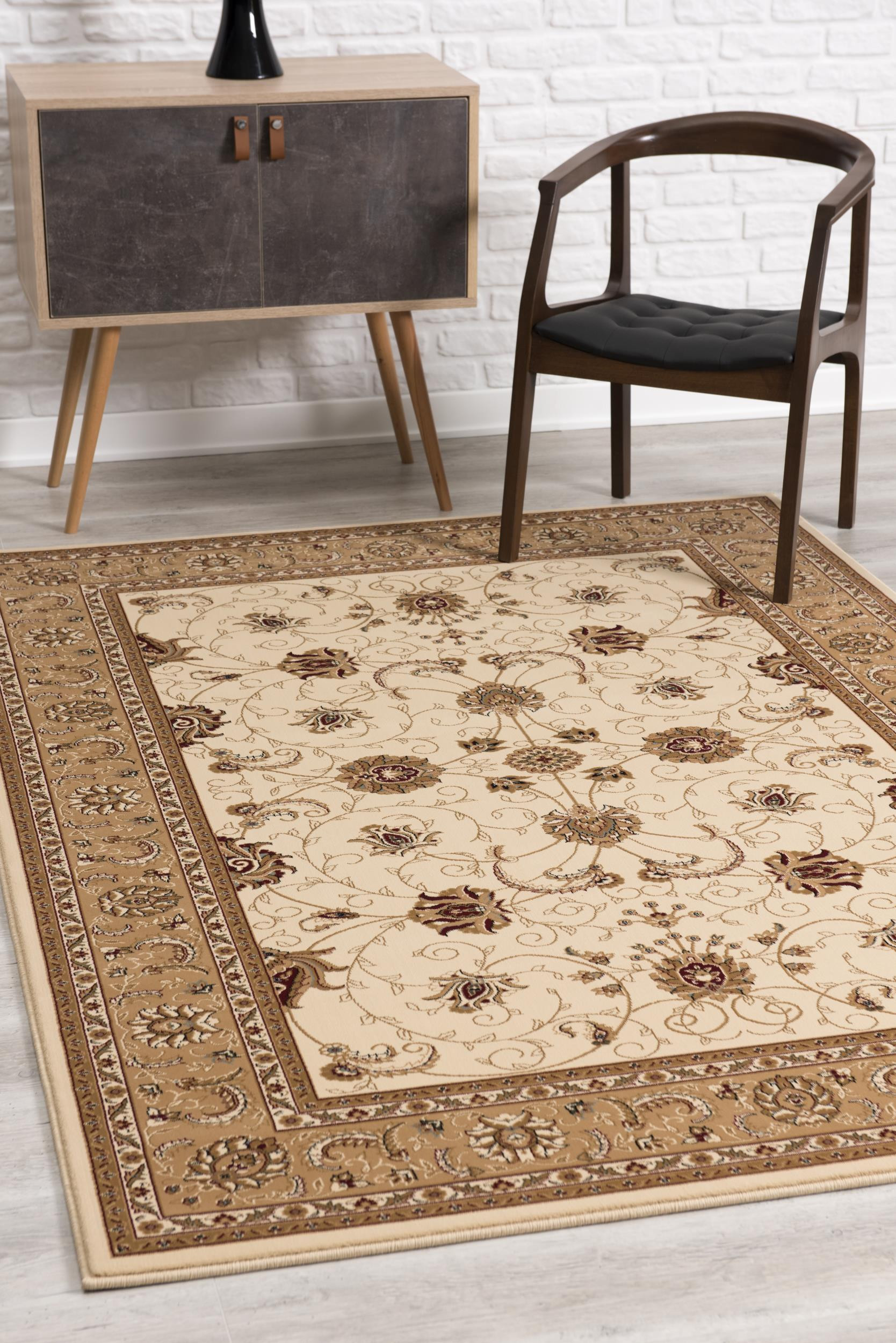 5" X 8" Beige and Ivory Oriental Power Loom Area Rug