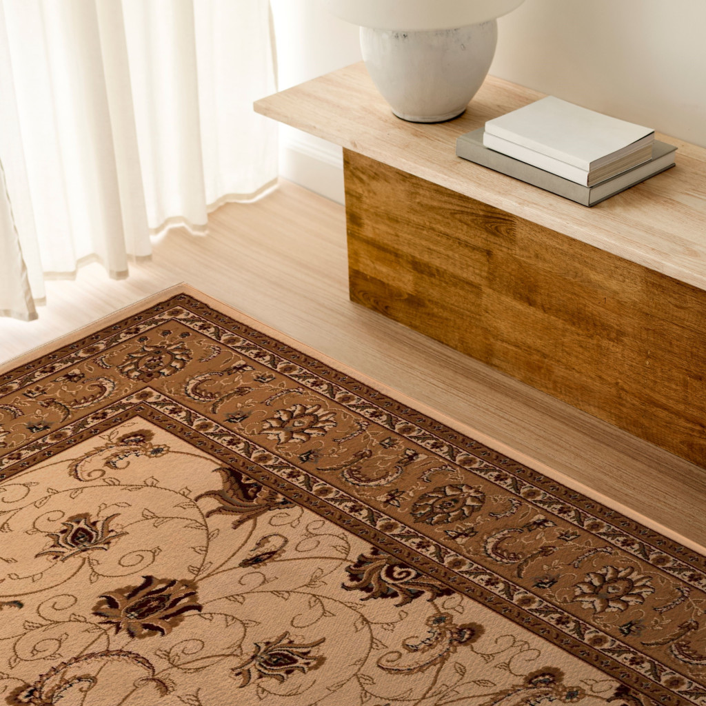 5" X 8" Beige and Ivory Oriental Power Loom Area Rug