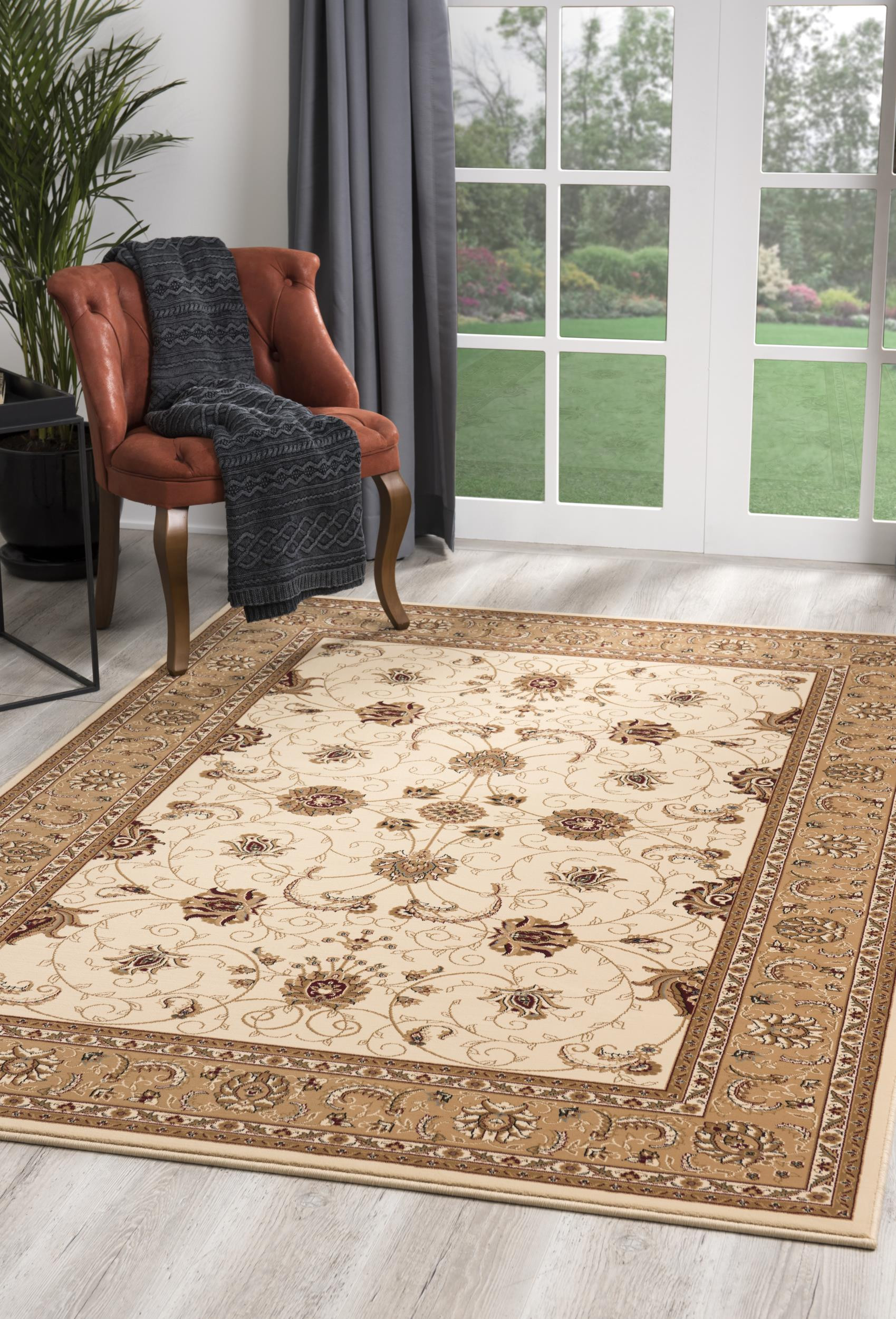 5" X 8" Beige and Ivory Oriental Power Loom Area Rug