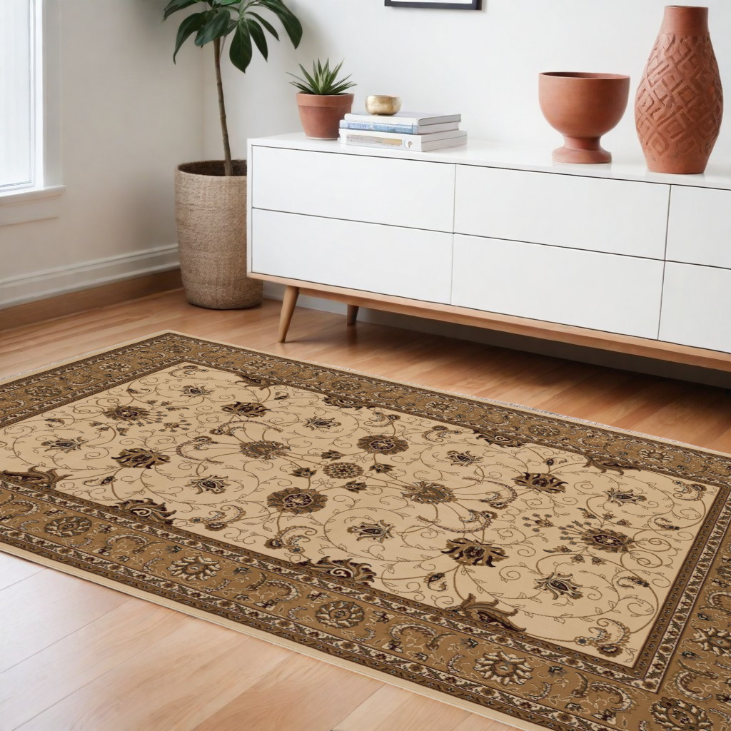 7" X 9" Beige and Ivory Oriental Power Loom Area Rug