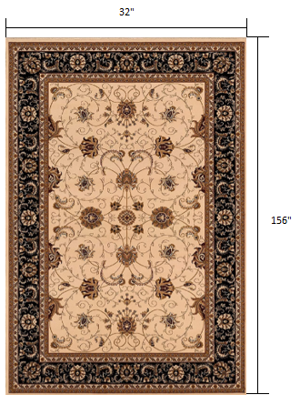 13" Runner Black and Ivory Oriental Power Loom Runner Rug