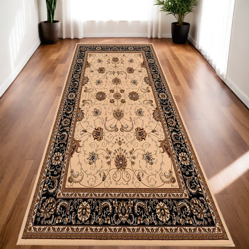 20" Runner Black and Ivory Oriental Power Loom Runner Rug