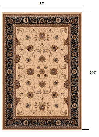 20" Runner Black and Ivory Oriental Power Loom Runner Rug