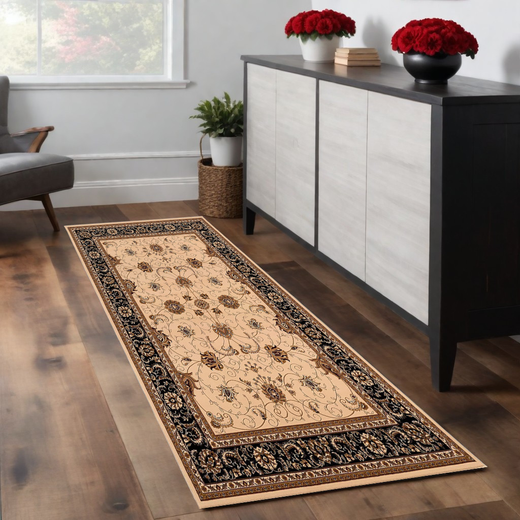 8' Black And Ivory Oriental Runner Rug-395254-1