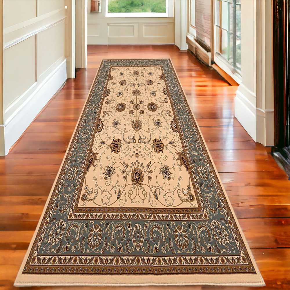 2’ x 20’ Cream and Blue Traditional Runner Rug-395264-1
