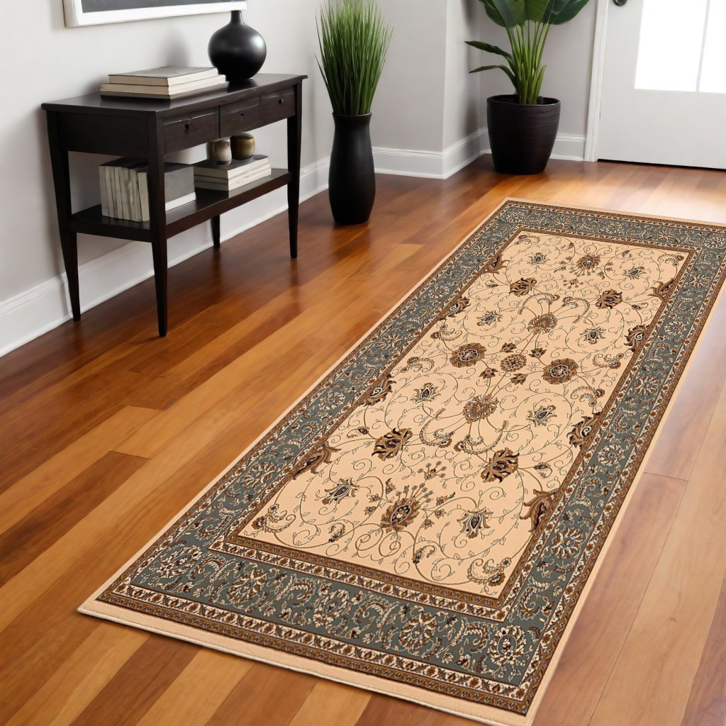 2’ x 8’ Cream and Blue Traditional Runner Rug-395268-1