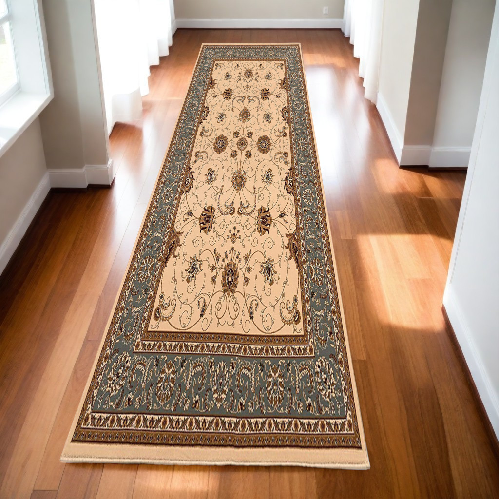 3’ x 10’ Cream and Blue Traditional Runner Rug-395269-1