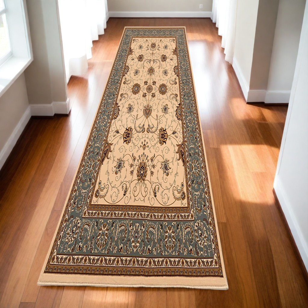 10' Blue And Ivory Oriental Runner Rug-395269-1