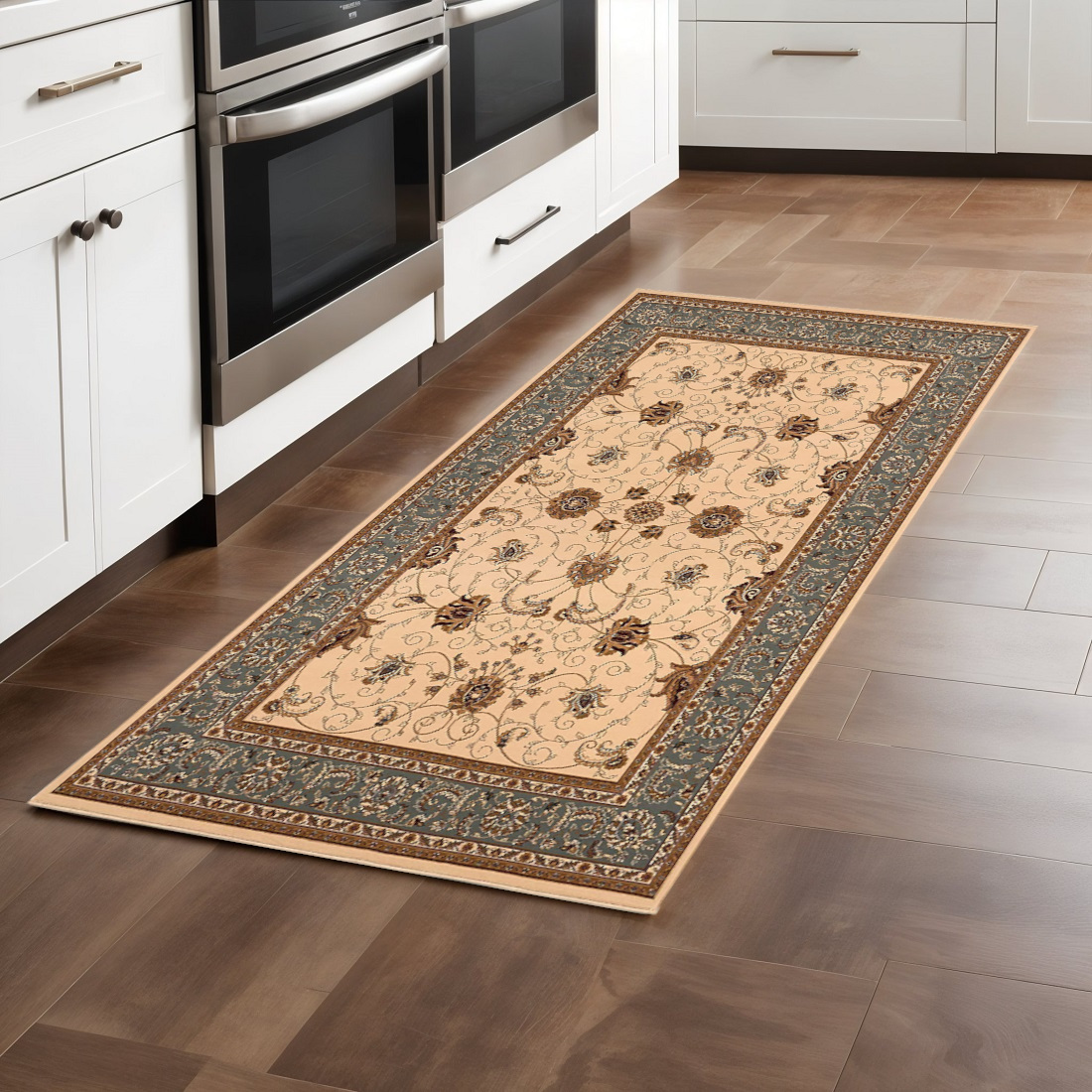 8' Blue And Ivory Oriental Runner Rug-395276-1