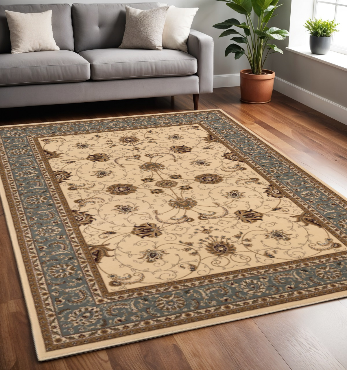 5' X 8' Blue And Ivory Oriental Area Rug-395279-1