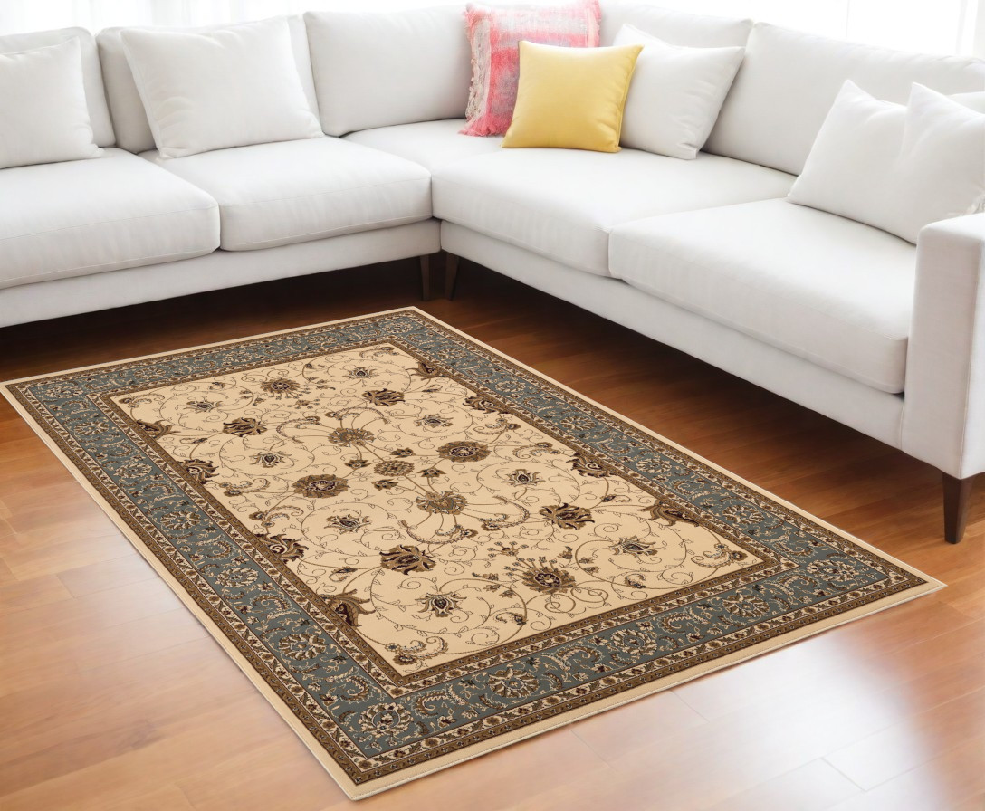7’ x 9’ Cream and Blue Traditional Area Rug-395280-1