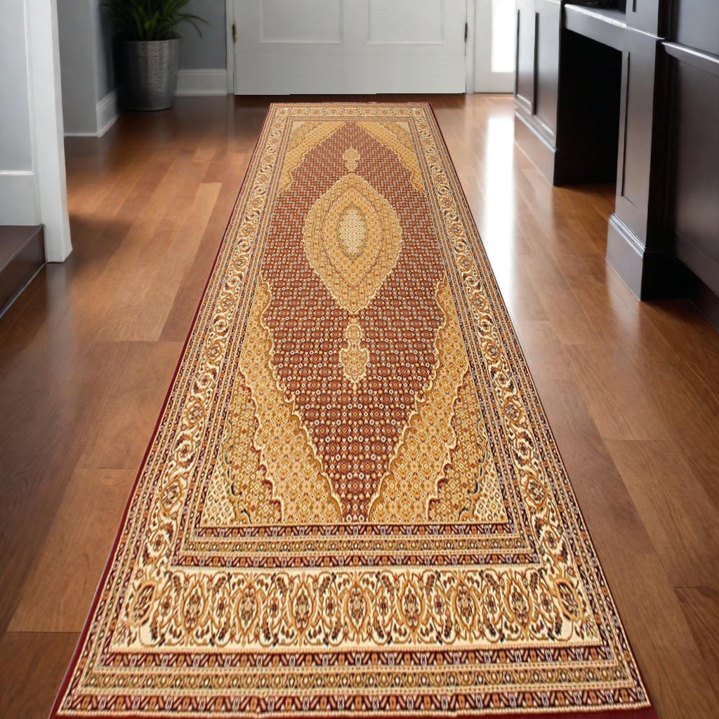 15" Runner Red and Beige Oriental Power Loom Runner Rug