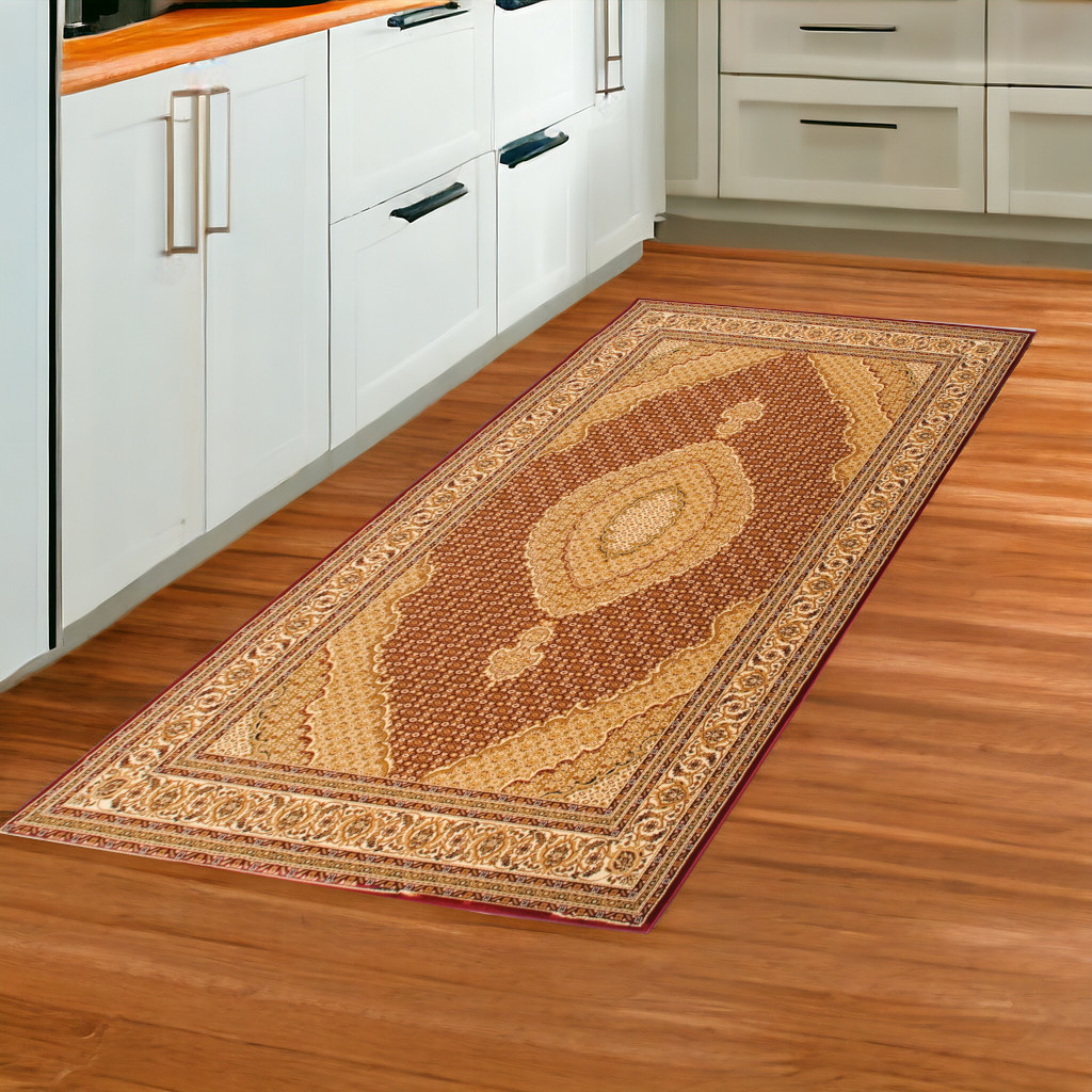 8" Runner Red and Beige Oriental Power Loom Runner Rug