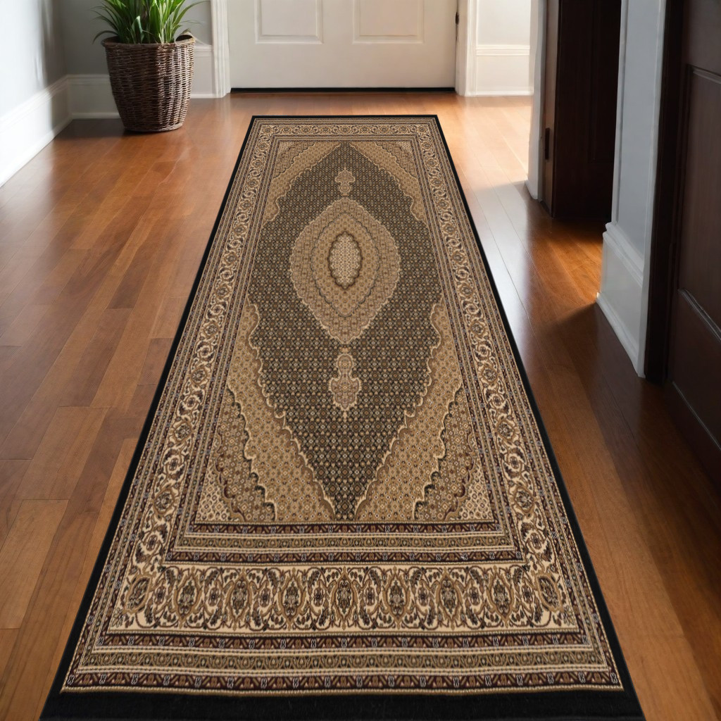 13' Beige And Black Medallion Runner Rug-395340-1