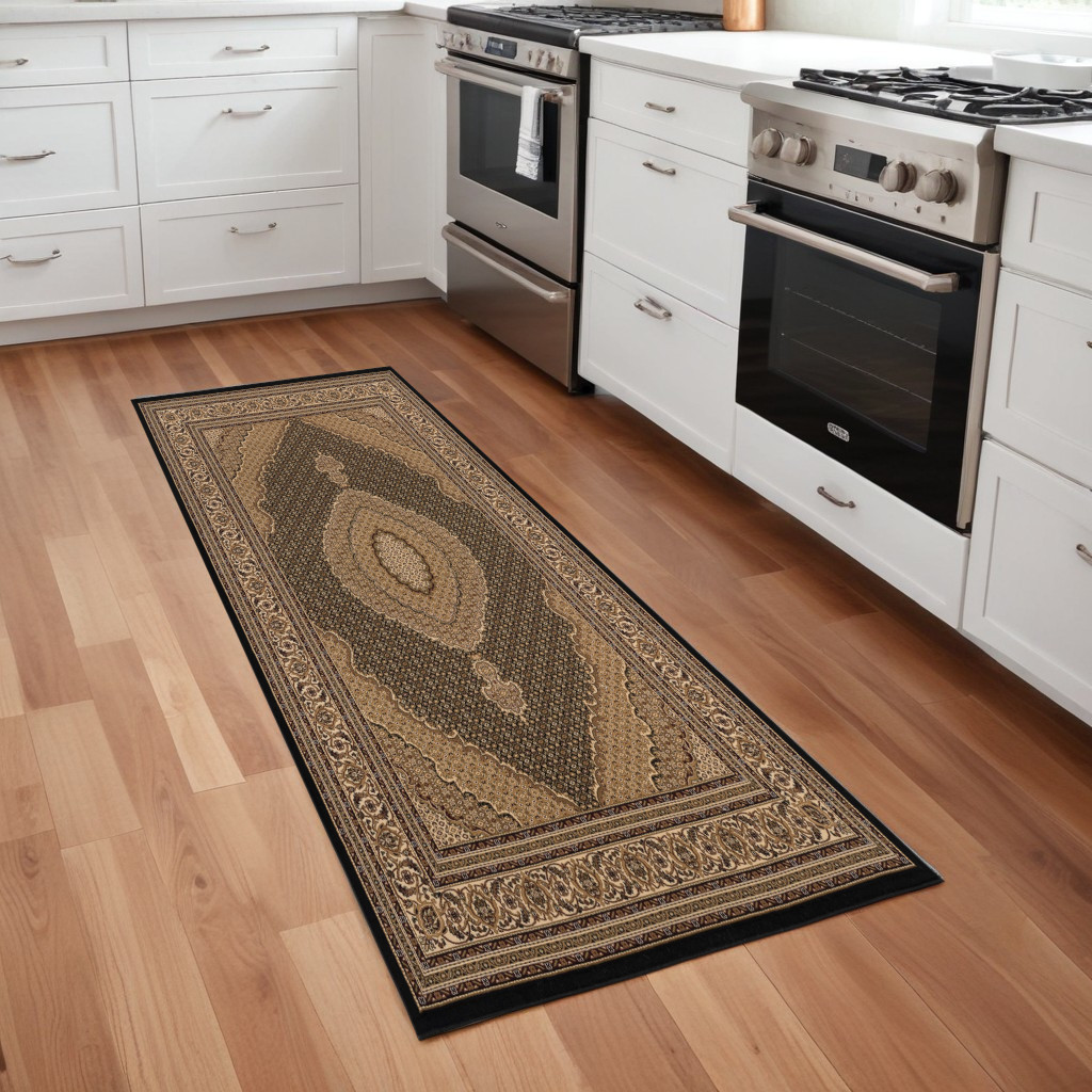 8' Beige And Black Medallion Runner Rug-395345-1