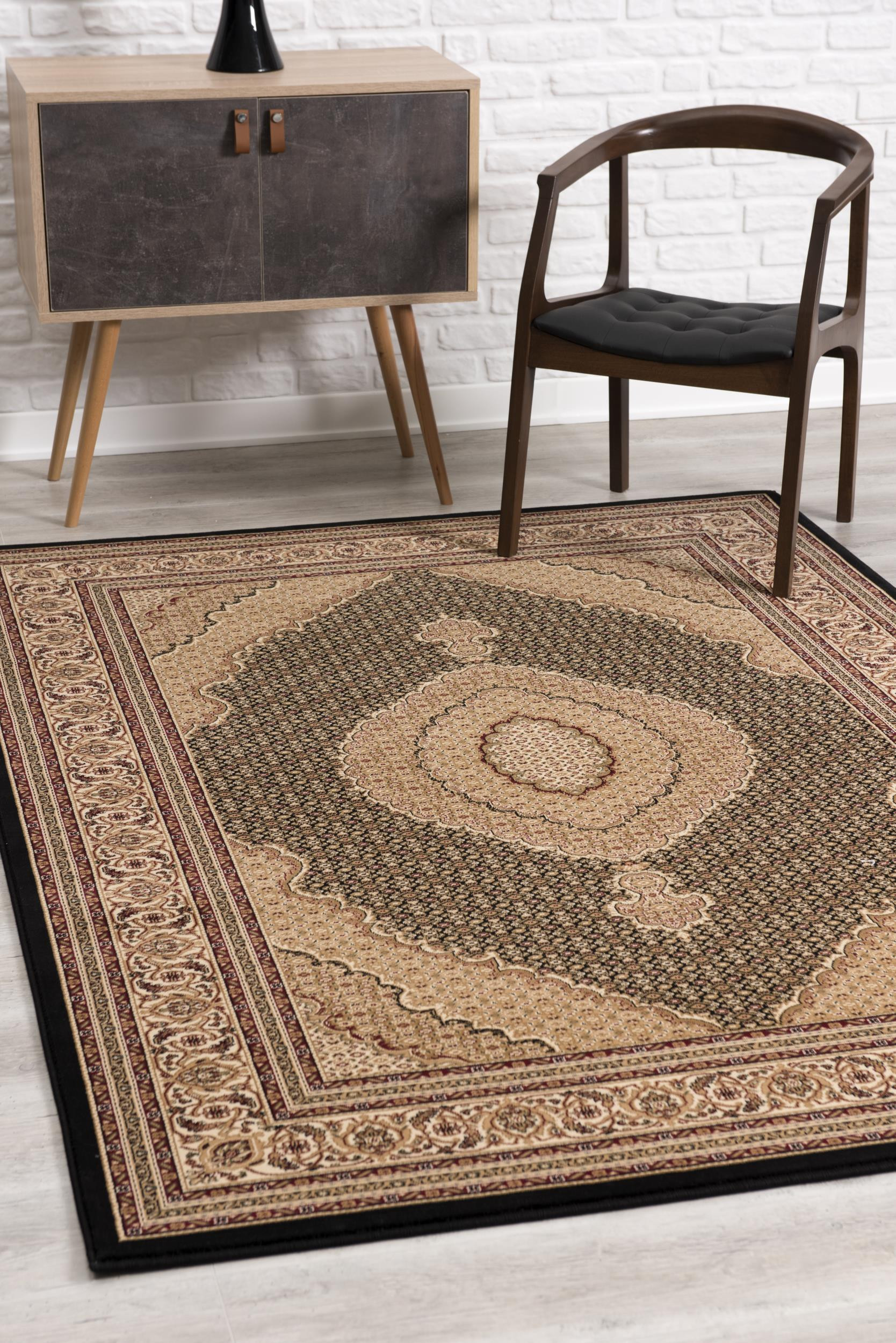 5" X 8" Beige and Black Medallion Power Loom Area Rug
