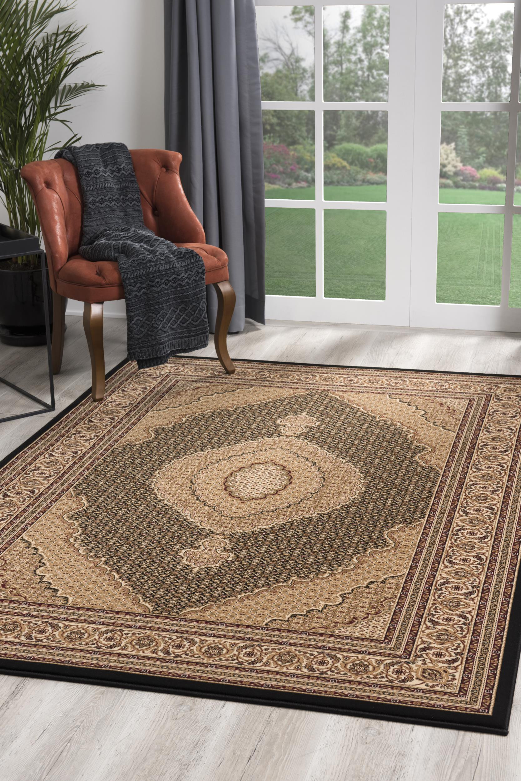 5" X 8" Beige and Black Medallion Power Loom Area Rug