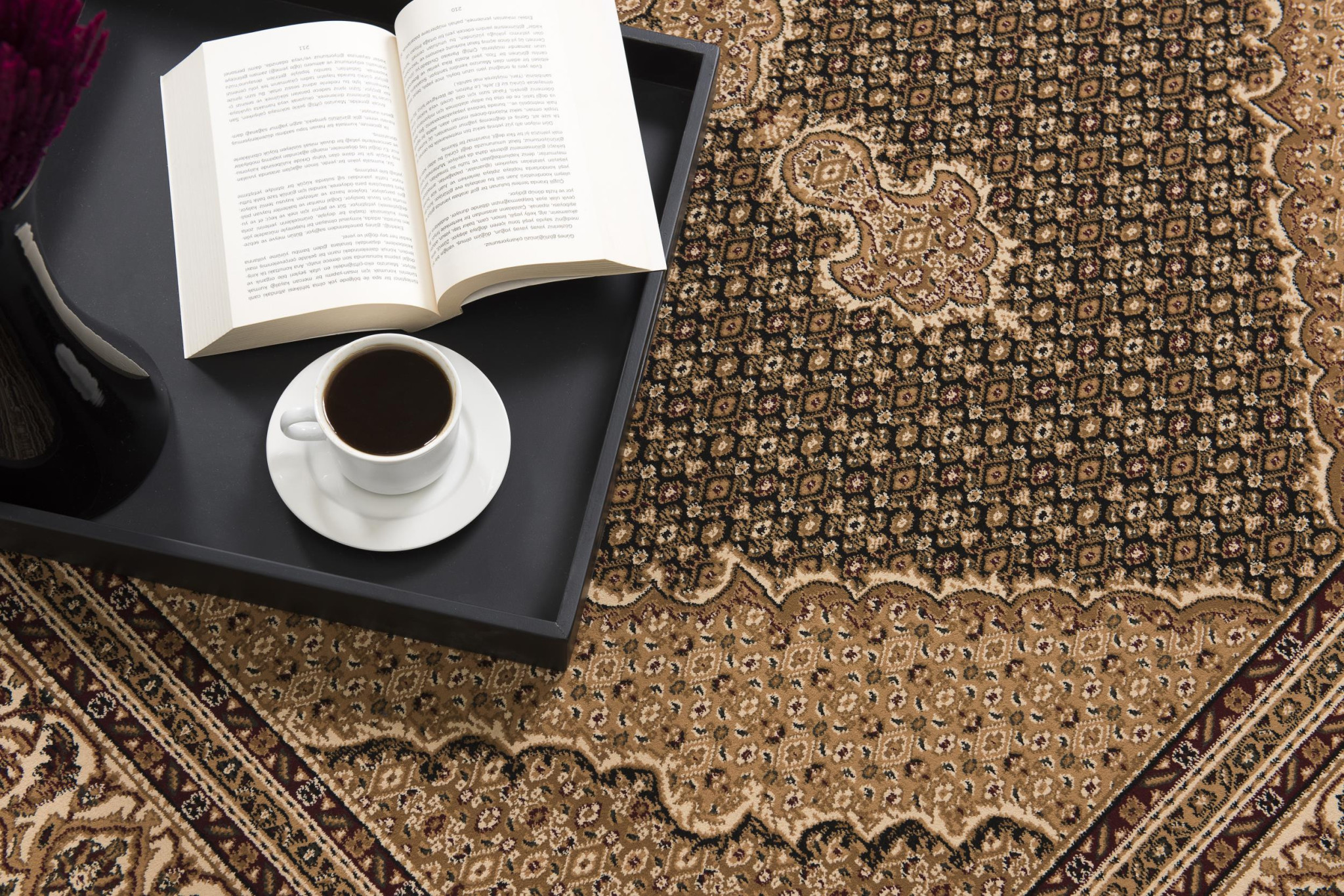 7" X 9" Beige and Black Medallion Power Loom Area Rug