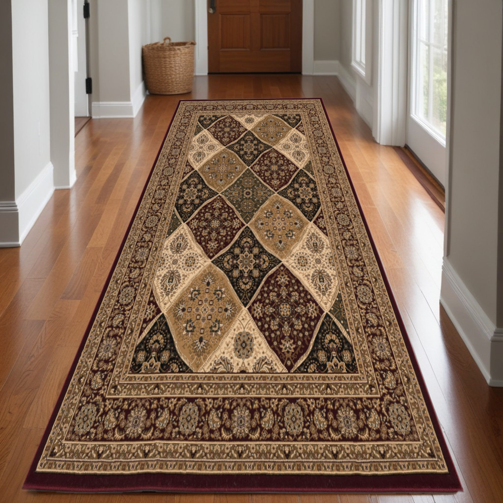 13" Runner Red and Beige Oriental Power Loom Runner Rug
