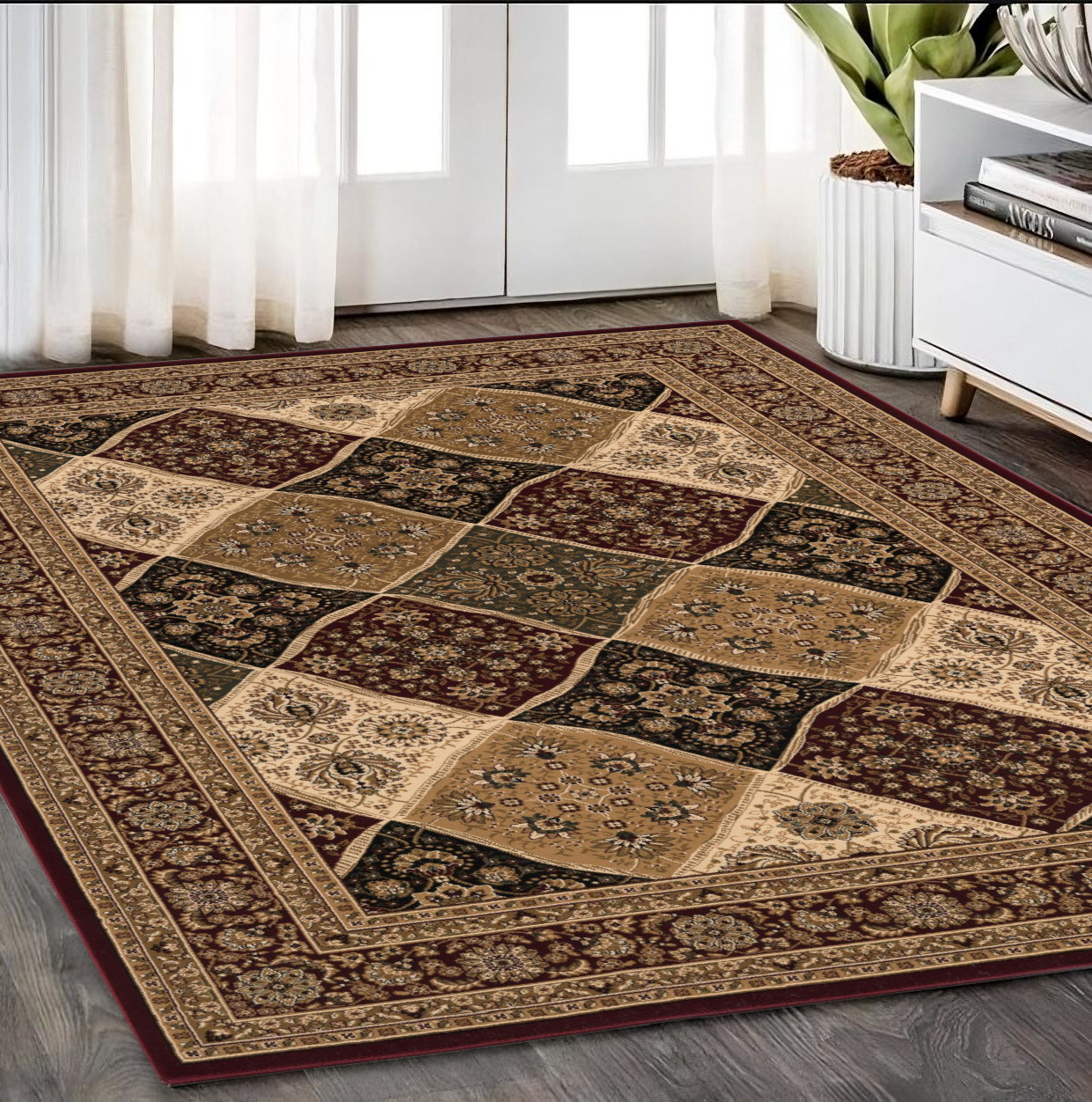 5" X 8" Red and Beige Oriental Power Loom Area Rug