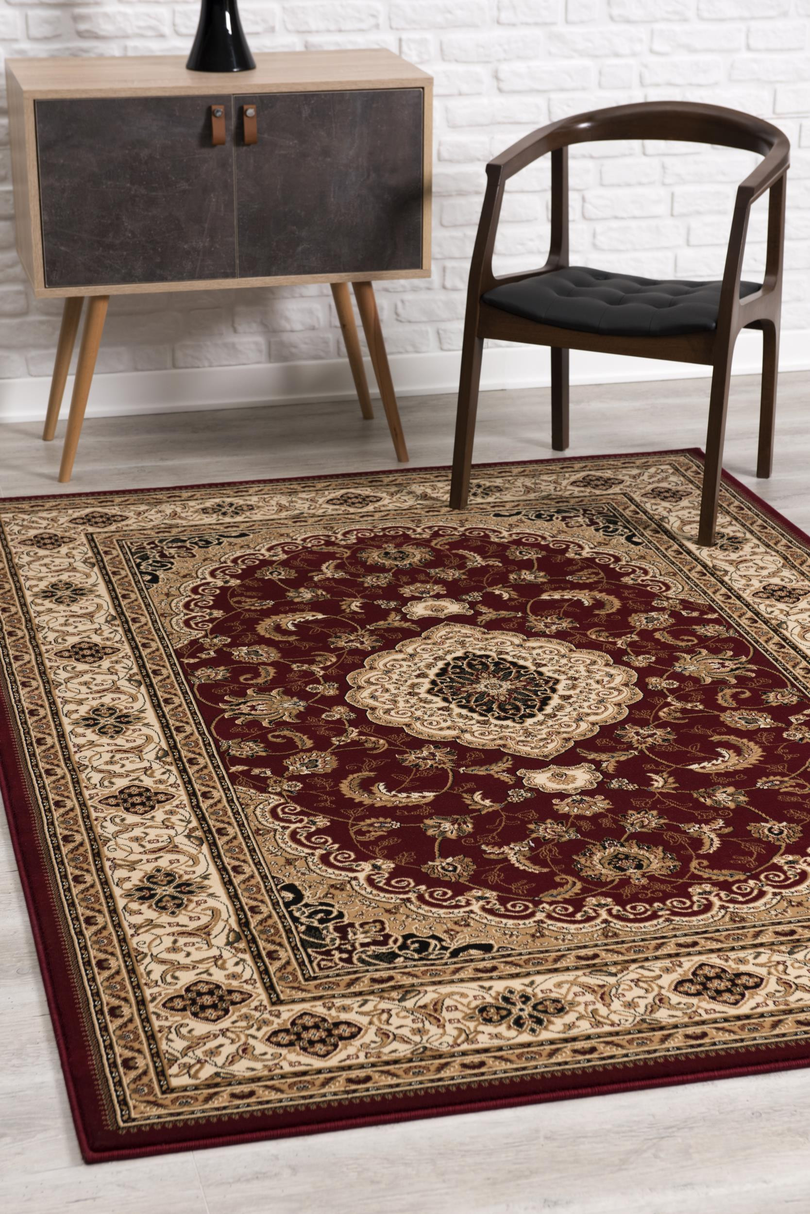 5" X 8" Red and Beige Floral Medallion Power Loom Area Rug