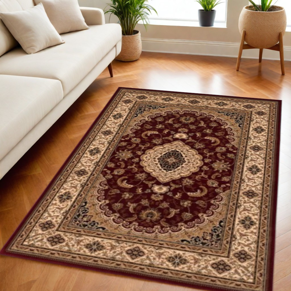 5' X 8' Red and Beige Floral Medallion Power Loom Area Rug-395377-1