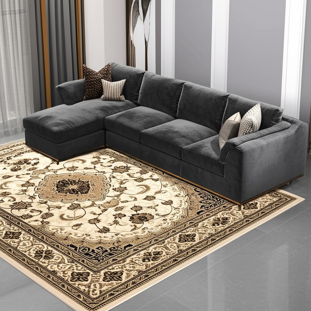 5' X 8' Beige and Black Floral Medallion Power Loom Area Rug-395383-1
