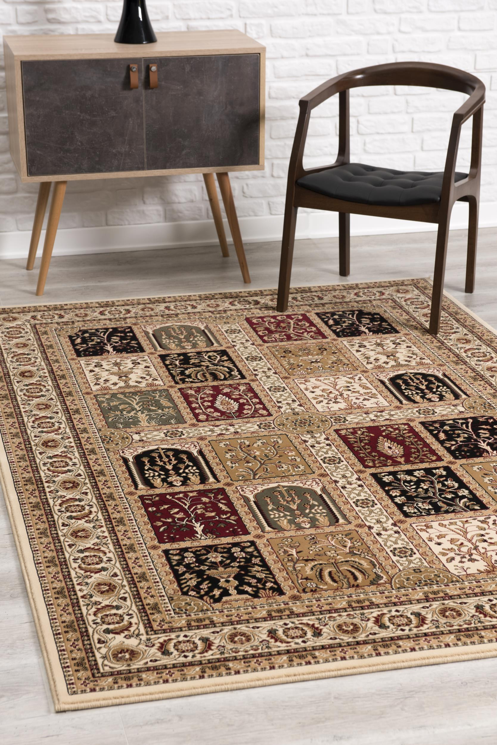 5" X 8" Beige and Black Oriental Power Loom Area Rug